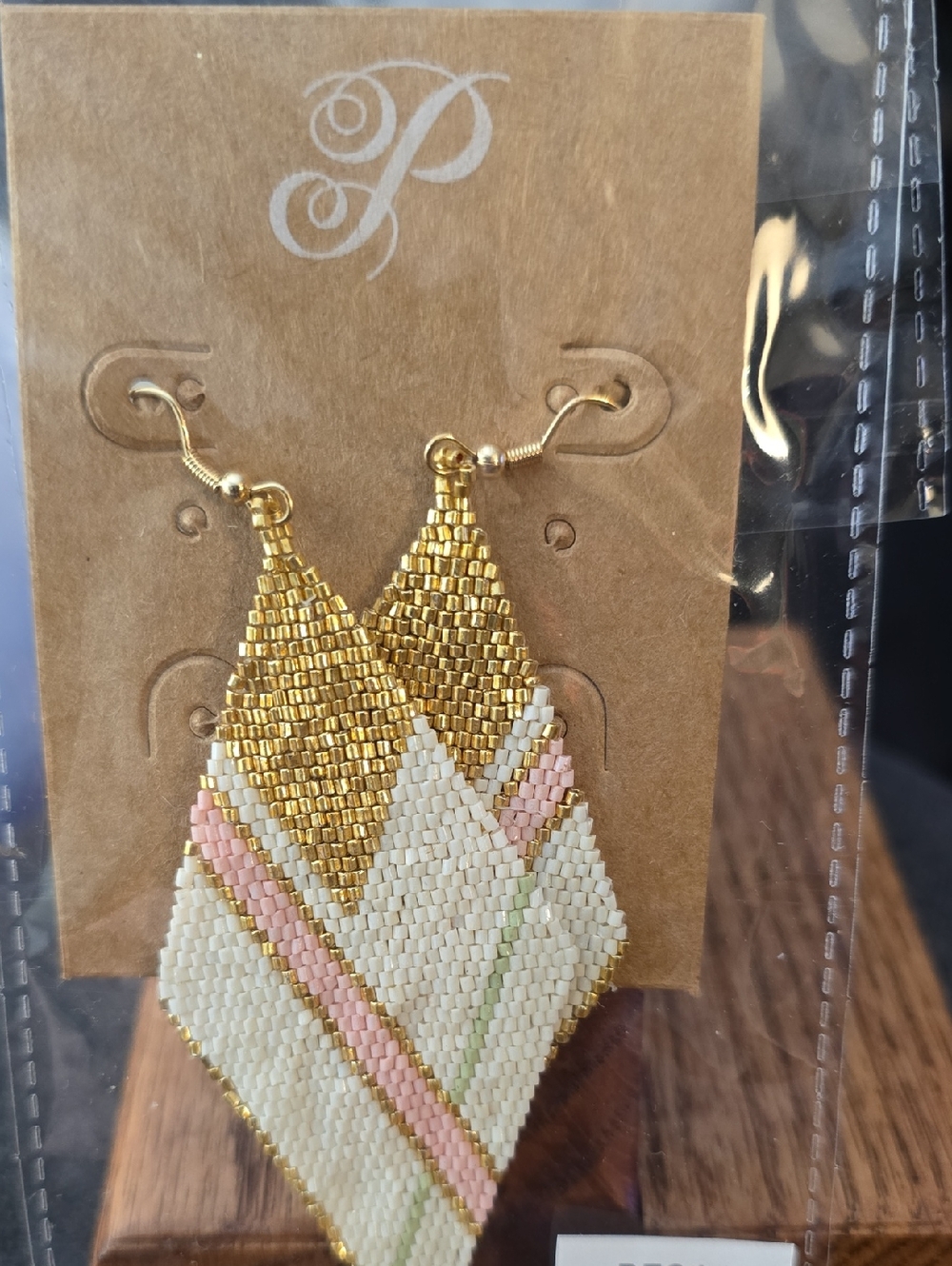 Gold and Cream Beaded Drop Earrings by Plunder, Made In India